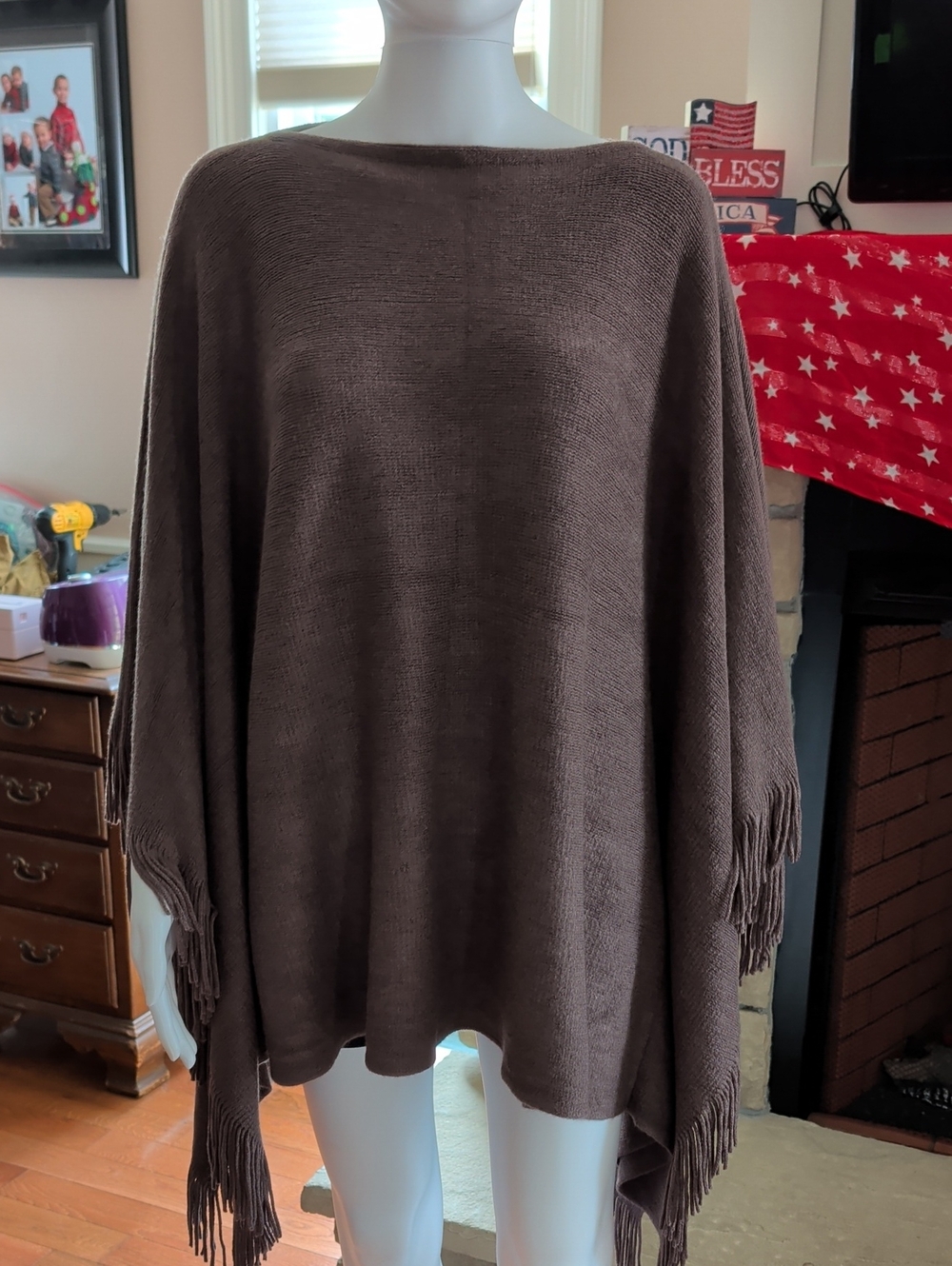 Women's Brown Fringe Knit Poncho Sweater